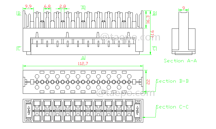 Drawing for 10 pairs 2-pole over-voltage protection magazine for LSA module, with GDT arrester