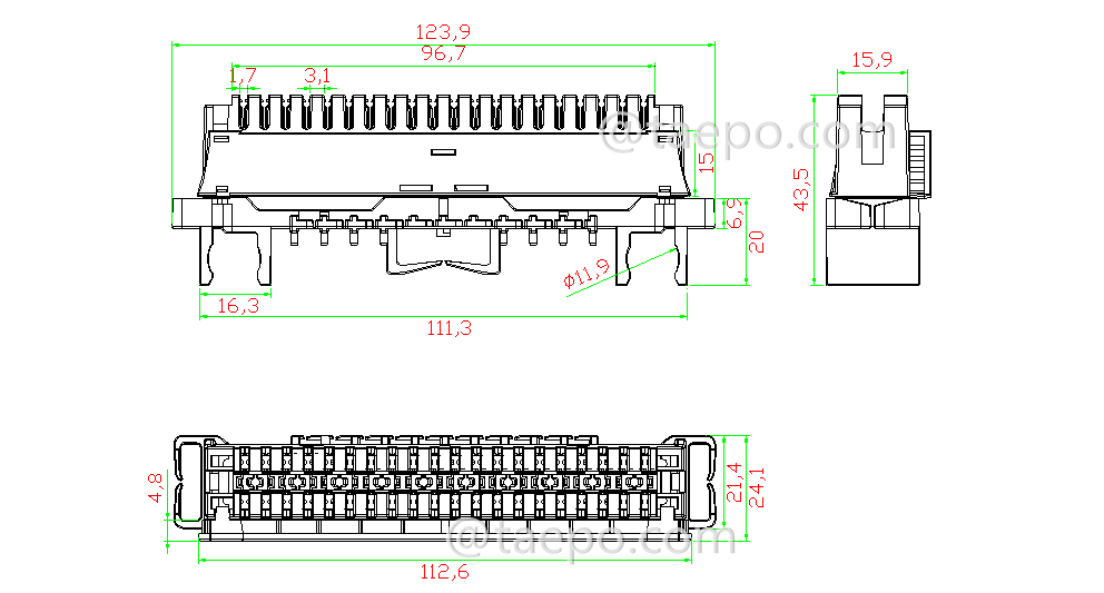 drawing for 10 pairs LSA profile switching module with wire guide