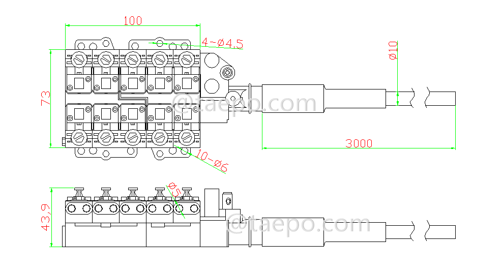 Drawing for 10 pair dropwire STUB terminal block with 3m cable, without protection, grease filled