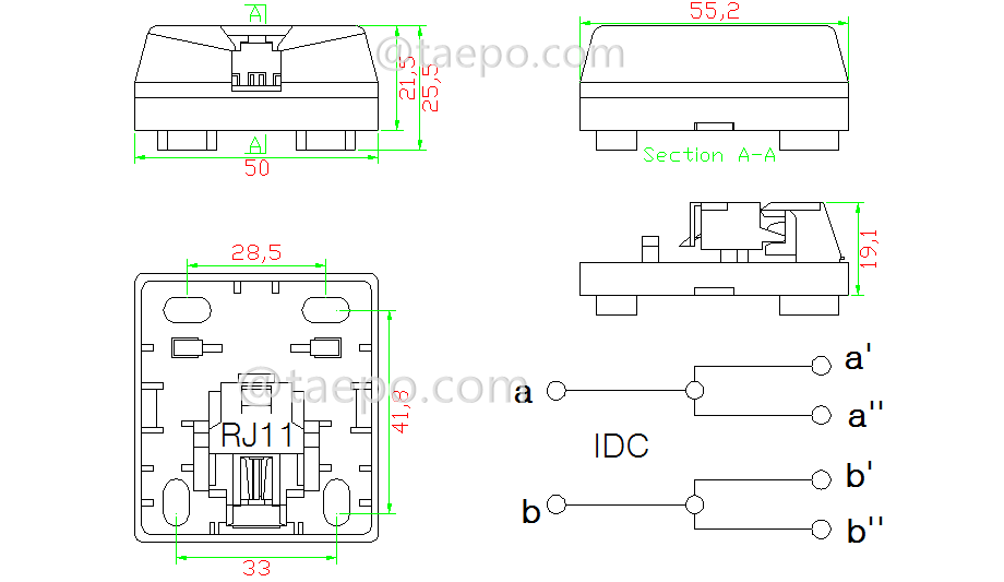 Schematic Diagrams for 1 port CAT3 2P2C RJ11 telephone connection box jelly filled