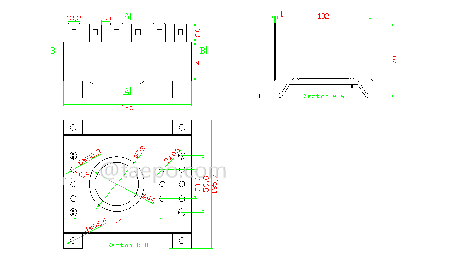 drawing for 10 pairs LSA back mount frame, 6 ways, narrow bays cable heads 80