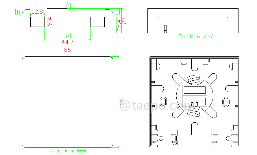 Drawing for Fiber surface box, SC, 2 fibers, plastic housing, snap-on cover