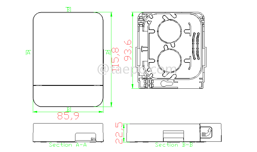 Drawing for Fiber termination box (FTB), indoor, SC, 1 fiber, plastic housing