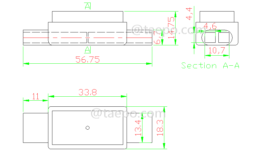 Drawing for UDW2 dropwire inline connector, 4-wire, 0.9-1.3mm conductor, max insulation 4.4mm, single-pin, gel filled