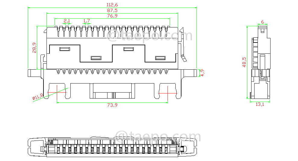 Drawing for 10 pairs super compact profile connection module with wire guide