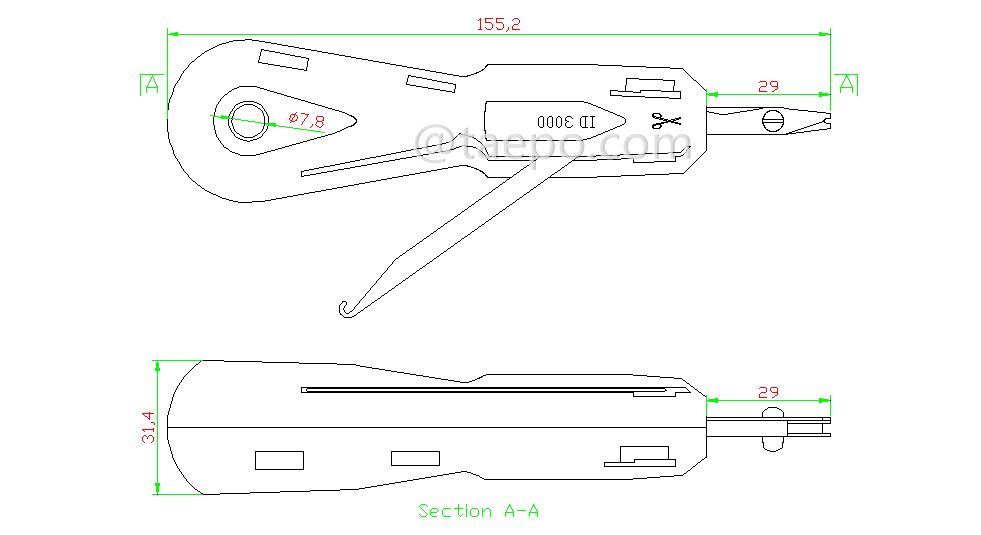 Drawing for Insertion comfort tool for disconnection block #TP-1402-200, scissor action