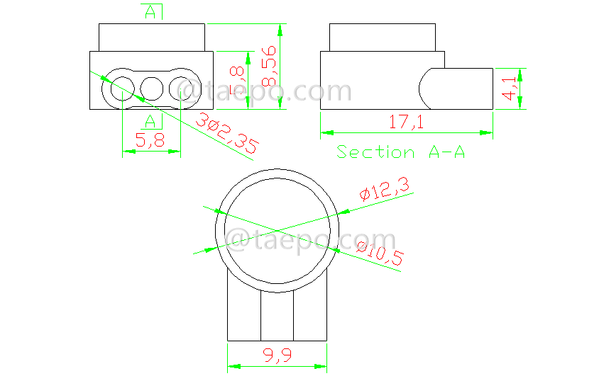 Drawing for UR2 butt connector, 3-wire, 0.4-0.9mm conductor, max insulation 2.08mm, dual pins, gel filled
