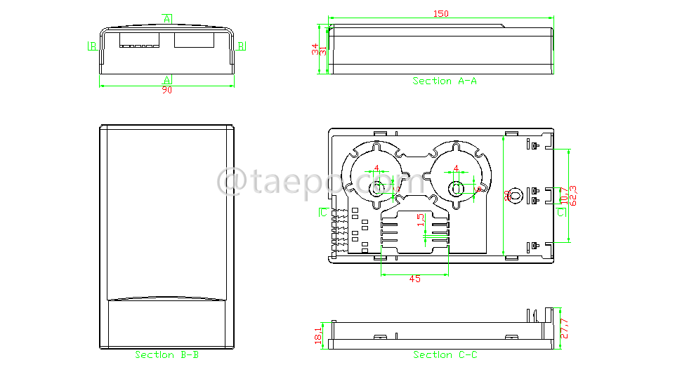 Drawing for Fiber termination box (FTB), indoor, SC, 4 fibers, plastic housing