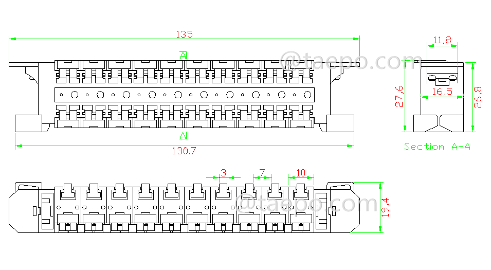 Drawing for 10 pairs QCS cross connection terminal block, gel filled