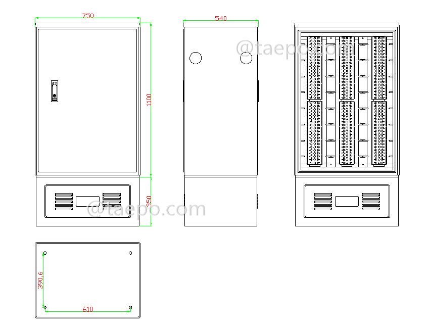 Drawing for Outdoor 2400 pairs cross connection cabinet, SMC housing, with base, double-sided, for LSA module
