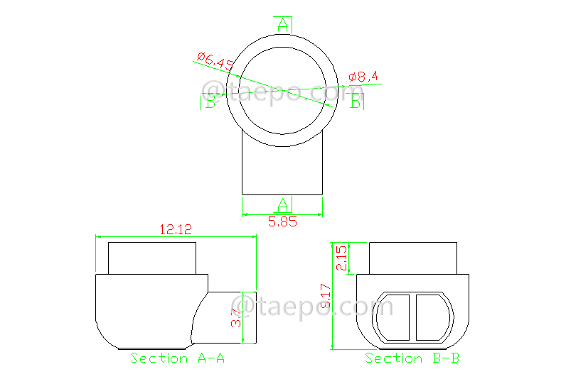 Drawing for UY butt connector, 2-wire, 0.4-0.7mm conductor, max insulation 1.52mm, single pin, gel filled
