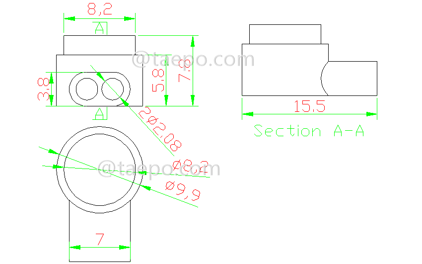 Drawing for UY2 butt connector, 2-wire, 0.4-0.9mm conductor, max insulation 2.08mm, dual pins, gel filled
