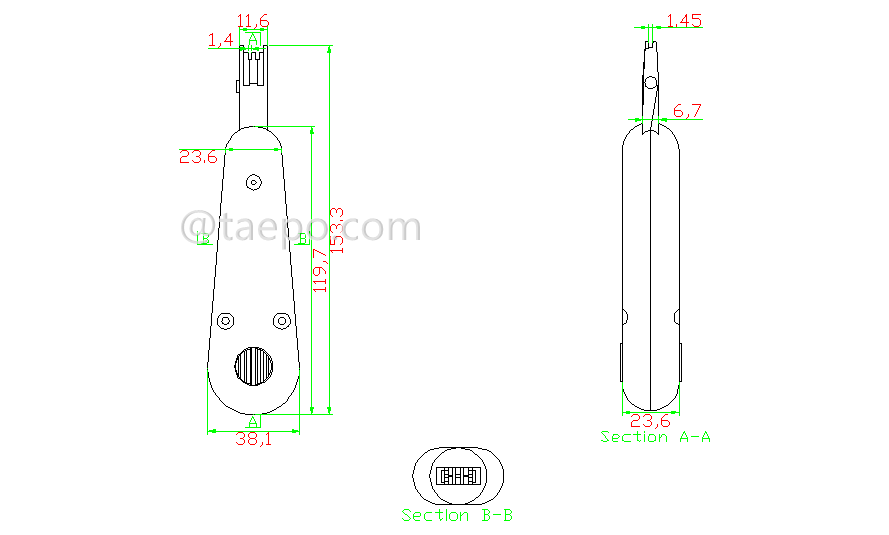 Drawing for Punch down tool for NT block #TP-1303-25