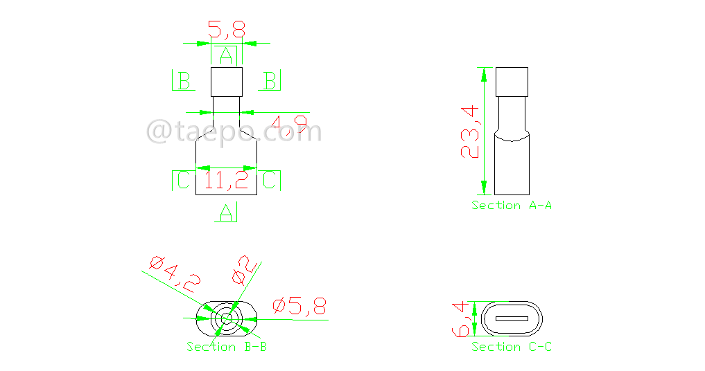 Drawing for 951T nylon terminal, 1-wire, AWG22-18 conductor, red, for 951 tap connector