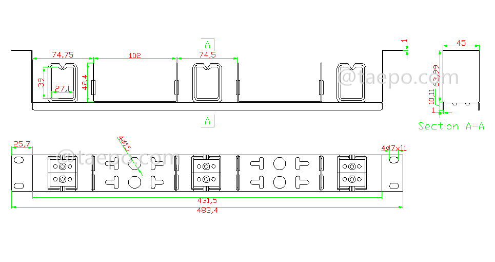 drawing for 10 pairs LSA rack mounting frame, 4 ways, stainless steel