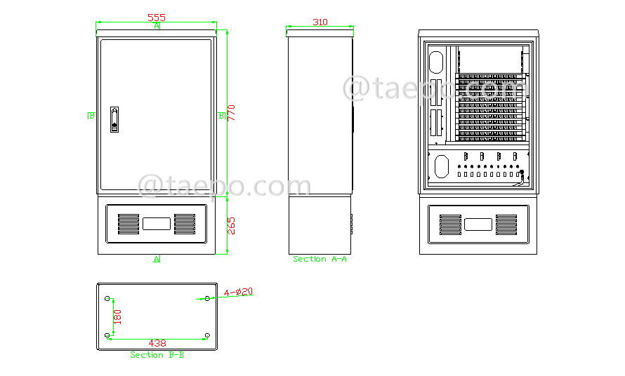 Drawing for Outdoor SMC fiber street cabinet, SC, 144 fibers, single-sided, single door, plastic case splitter type, with 6 plastic case slots