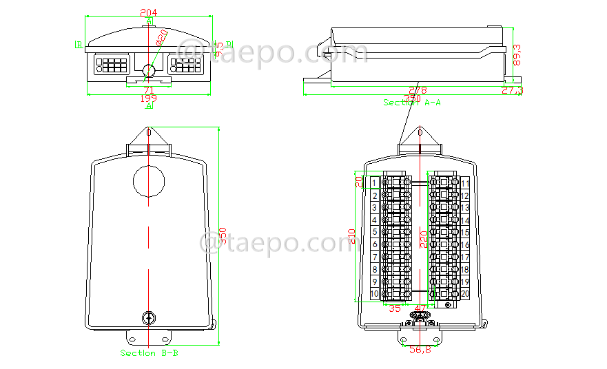 Drawing for Outdoor 20 pairs terminal box for STB module with over-voltage protection