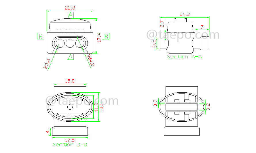 drawing for 314 self-stripping electrical connector, 3-wire, AWG22-14 conductor, max insulation 3.8mm, dual pins, gel filled