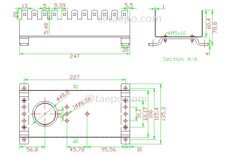 drawing for 10 pairs LSA back mount frame, 11 ways, narrow bays cable heads 80