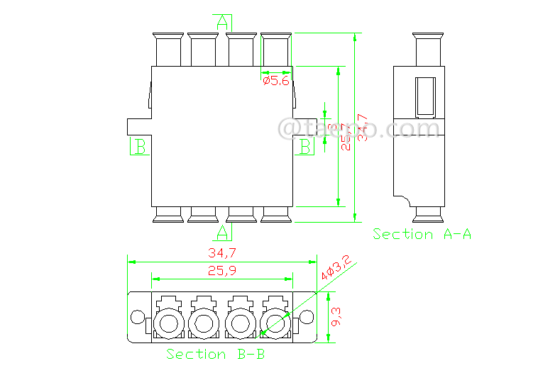 Schematic Diagrams for Singlemode quadri APC LC to LC Fiber optic coupler
