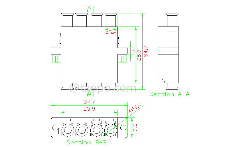 Schematic Diagrams for Multimode quadri UPC LC to LC Fiber optic coupler