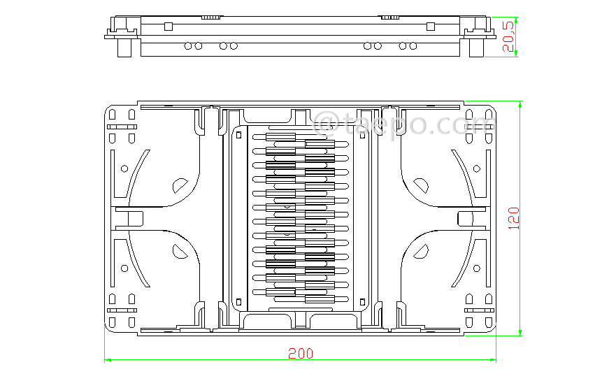 Drawing for Fiber splice tray, 24 fibers, plastic,with snap-on cover