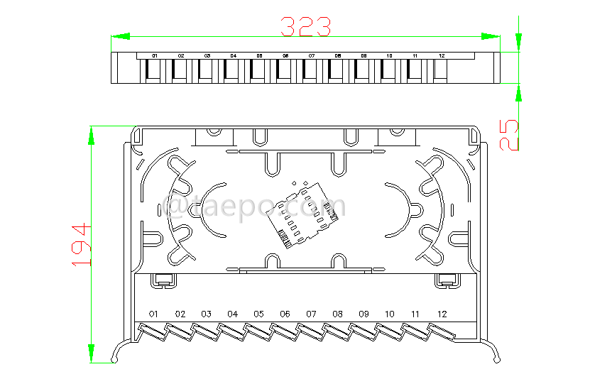 Schematic Diagrams for 12 fibers single tray Fiber splice and patch tray