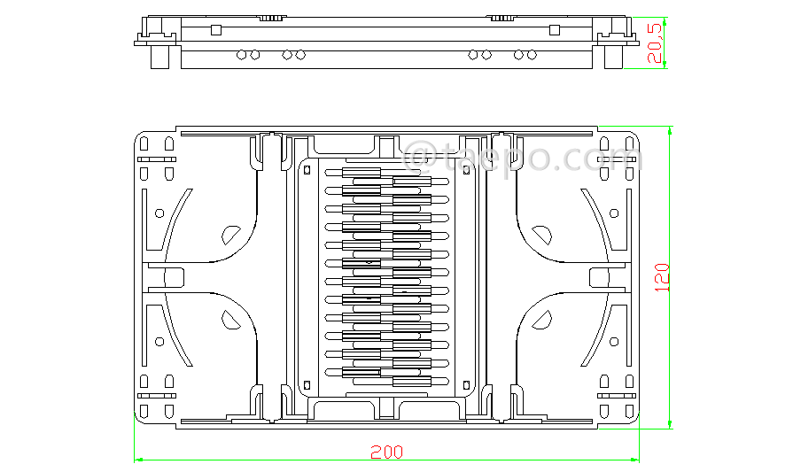 Drawing for Fiber splice tray, 12 fibers, plastic with snap-on cover,  hot melt 2pcs 6F comb