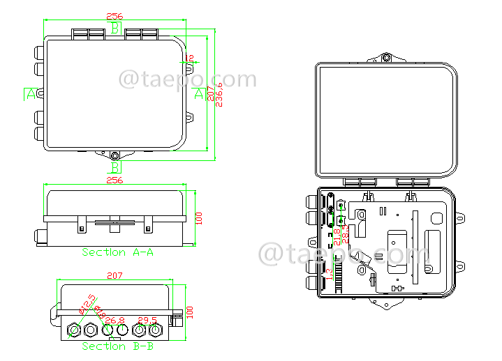 Drawing for Fiber distribution box (FDB), outdoor, SC, 12 fibers, plastic housing