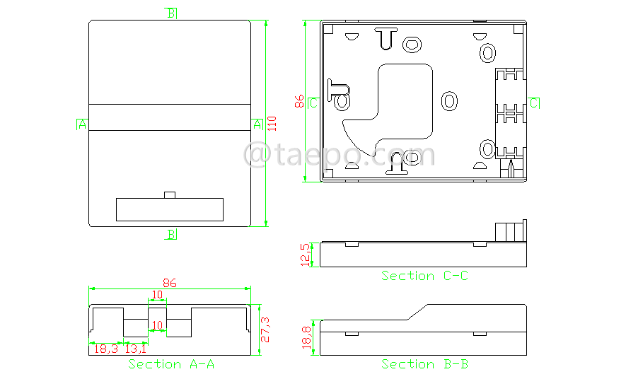 Drawing for Fiber termination box (FTB), indoor, SC, 2 fibers, plastic housing
