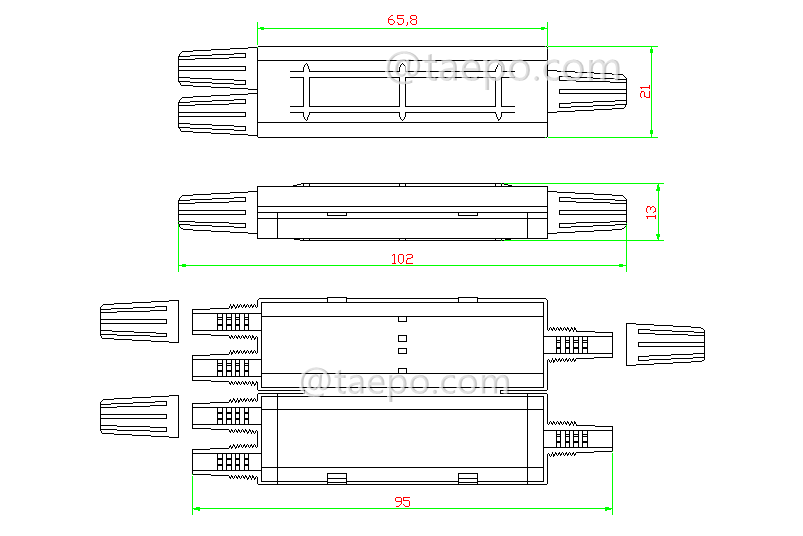 Drawing for Drop cable splice box, 102x21x13mm, 1 inlet 2 oulets