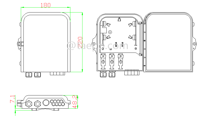 Drawing for Fiber splitter box (FSB), outdoor, SC, 8 fibers, plastic housing