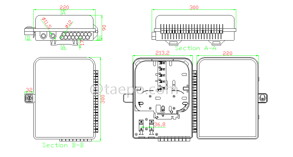 Drawing for Fiber distribution box (FDB), outdoor, SC, 16 fibers, plastic housing