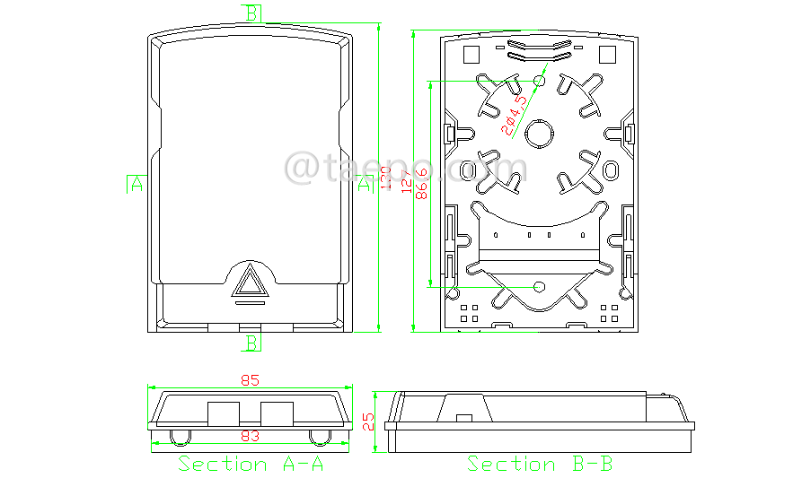 Drawing for Fiber termination box (FTB), indoor, SC, 2 fibers, plastic housing