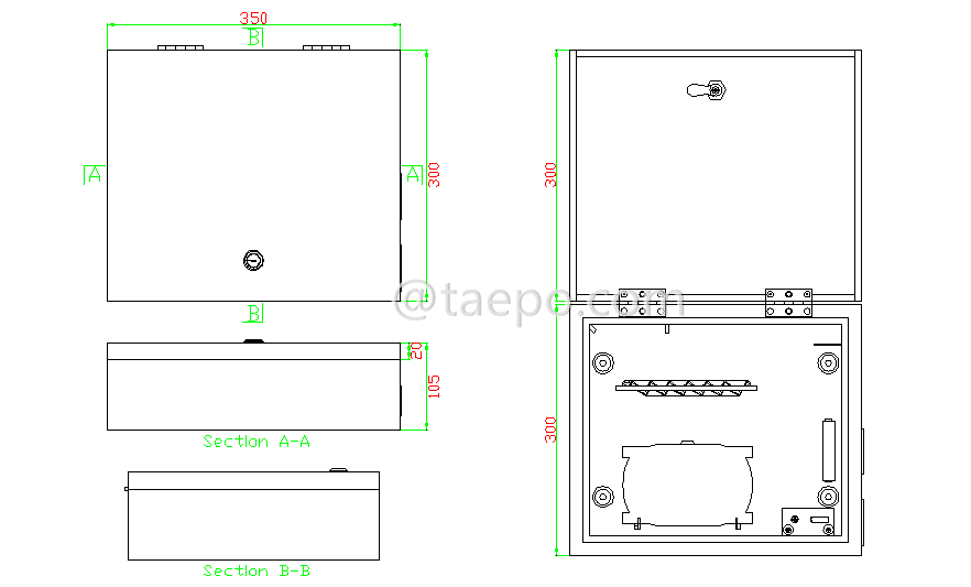 Drawing for Fiber distribution box (FDB), outdoor, SC, 24 fibers, with replaceable patch panels, cold rolling steel housing with powder coating
