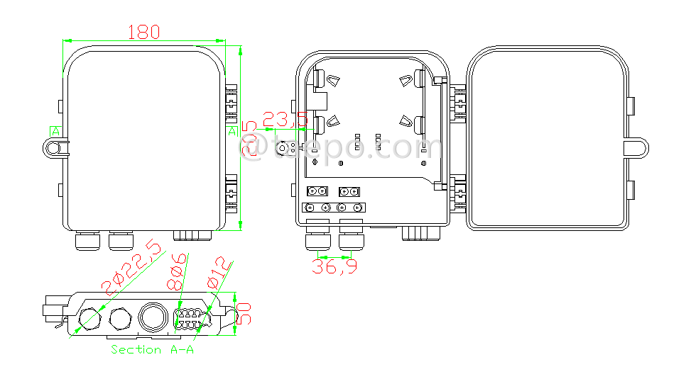 Drawing for Fiber distribution box (FDB), outdoor, SC, 8 fibers, plastic housing