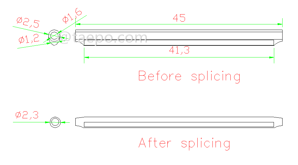 Drawing for Heat shrink sleeves, bunchy fiber, 45mm in length, 1.2mm steel rod