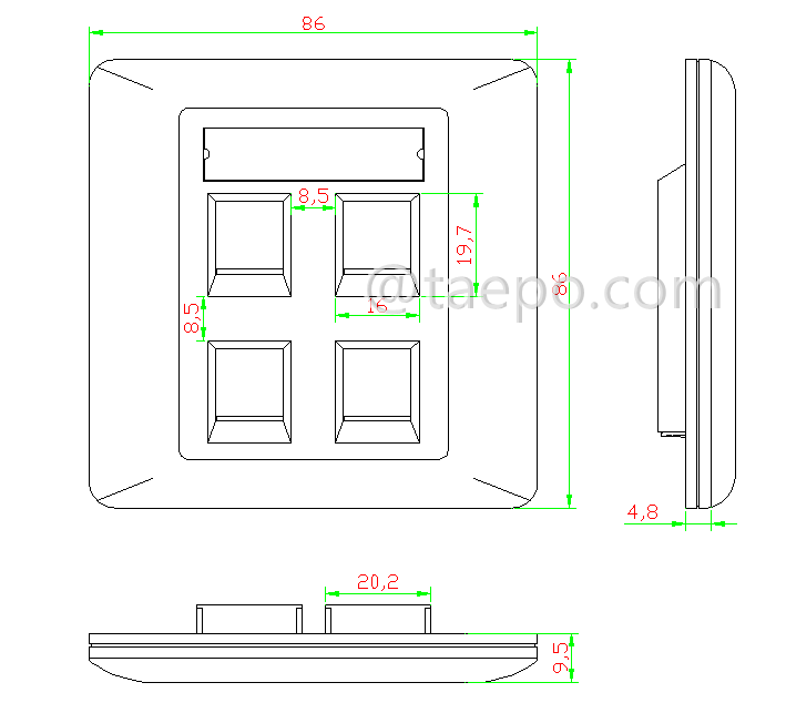 Drawing for 4-port faceplate, 86x86mm, AP style