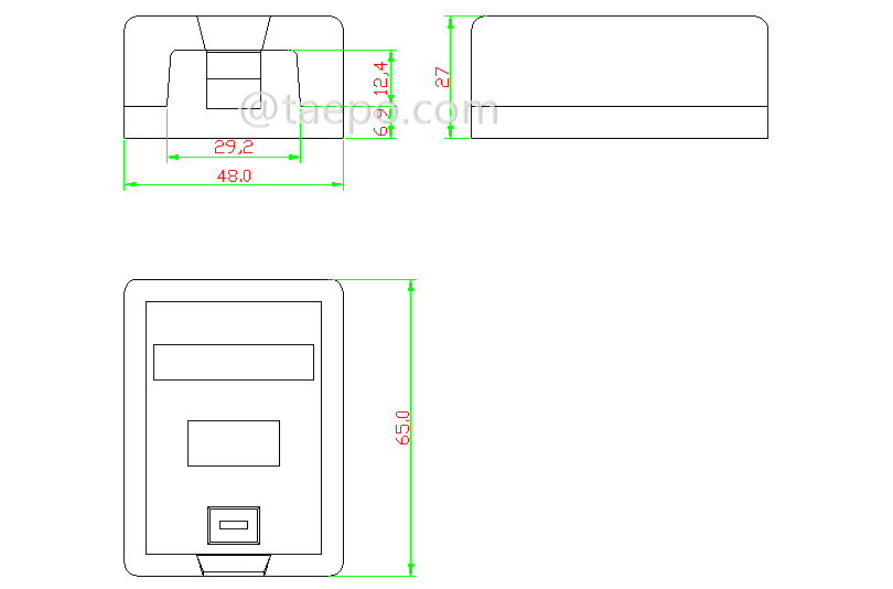 Drawing for 1-port surface box, CAT5E, RJ45, 8P8C, UTP, AP style
