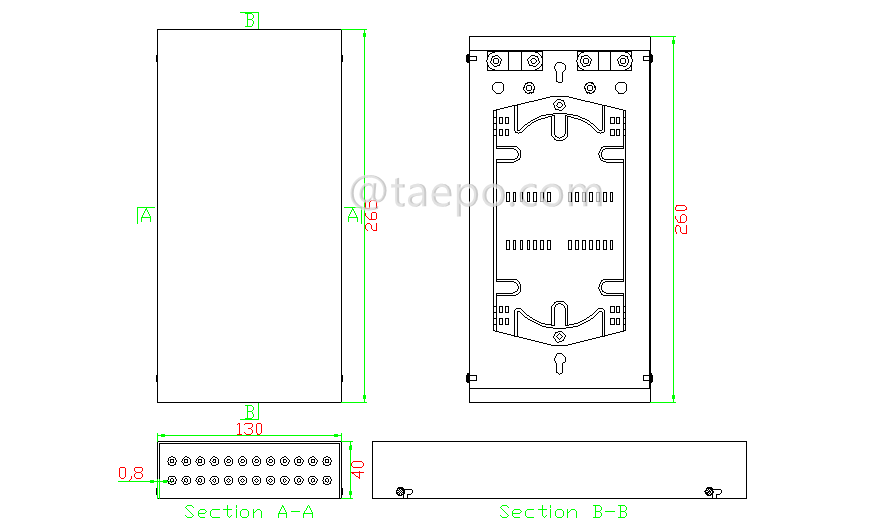 Drawing for Fiber termination box (FTB), indoor, 24 fibers, pigtail type, cold rolling steel housing with powder coating