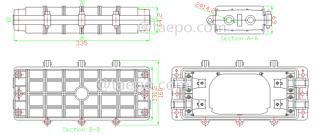 Drawing for Fiber optic splice closure (FOSC), horizontal flip type, mechanical sealing, 12 fibers, max 48 bunchy fibers