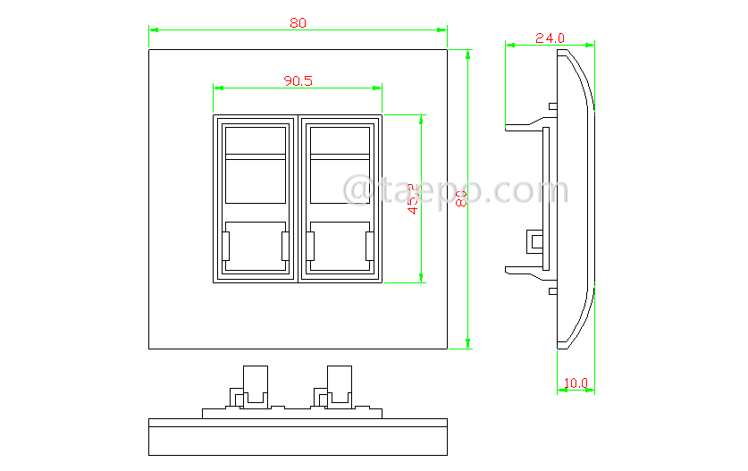 Drawing for 2-port faceplate, 80x80mm, French style