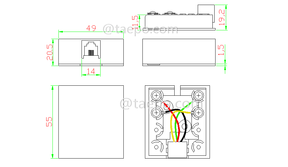 Drawing for 1-port connection box, CAT3, 6P4C