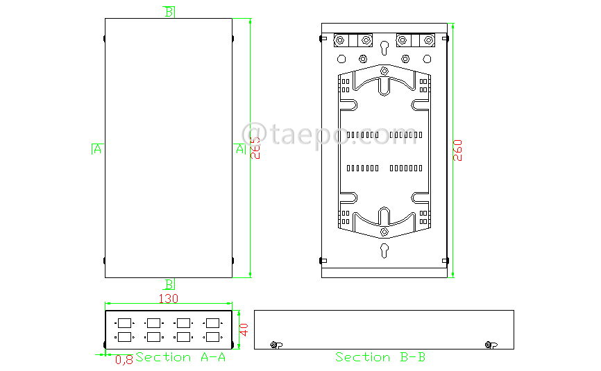 Drawing for Fiber termination box (FTB), indoor, SC, 8 fibers, cold rolling steel housing with powder coating