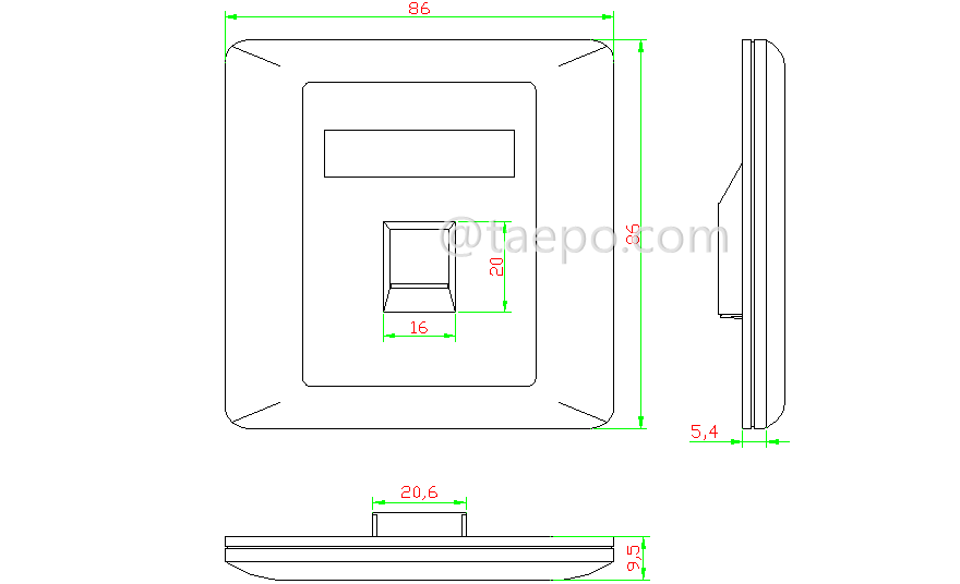 Drawing for 1-port faceplate, 86x86mm, AP style