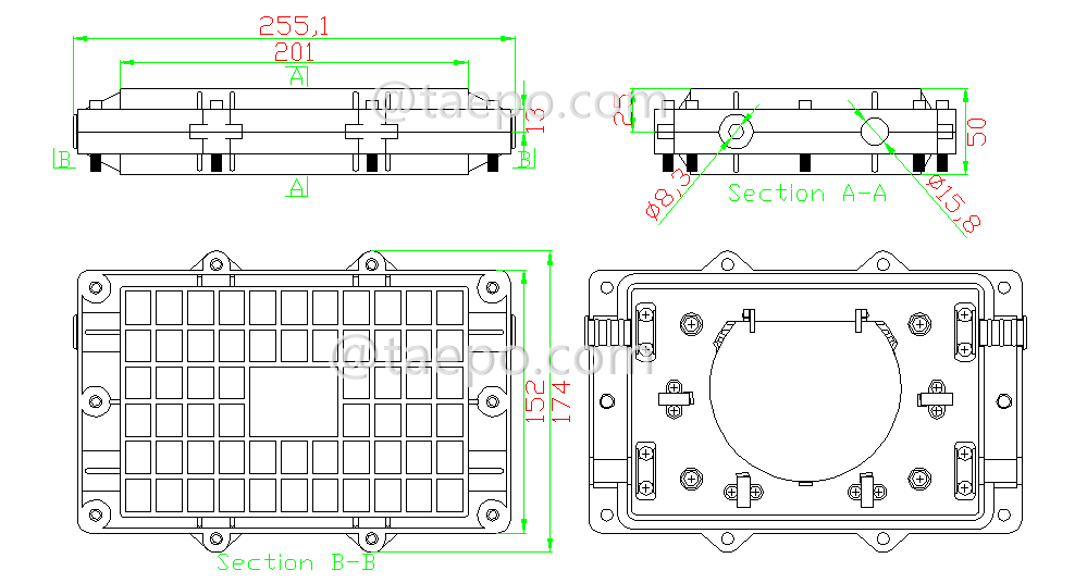 Drawing for Fiber optic splice closure (FOSC), horizontal type, mechanical sealing, 12 fibers, max 24 bunchy fibers