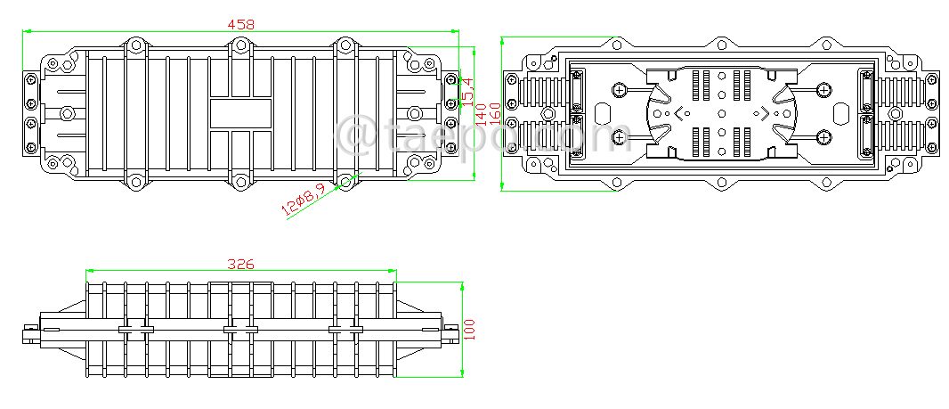 Drawing for Fiber optic splice closure (FOSC), horizontal type, mechanical sealing, 72 fibers