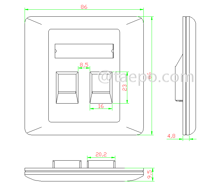 Drawing for 2-port faceplate, 86x86mm, AP style