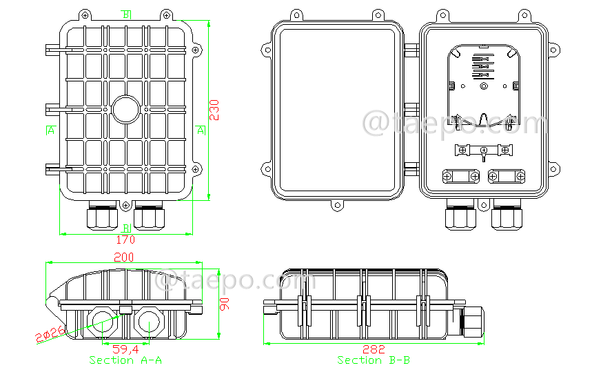 Drawing for Fiber optic splice closure (FOSC), horizontal type, mechanical sealing, 12 fibers, max 96 bunchy fibers