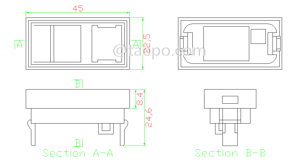 Drawing for 1-port faceplate insert, 22.5x45mm, French style